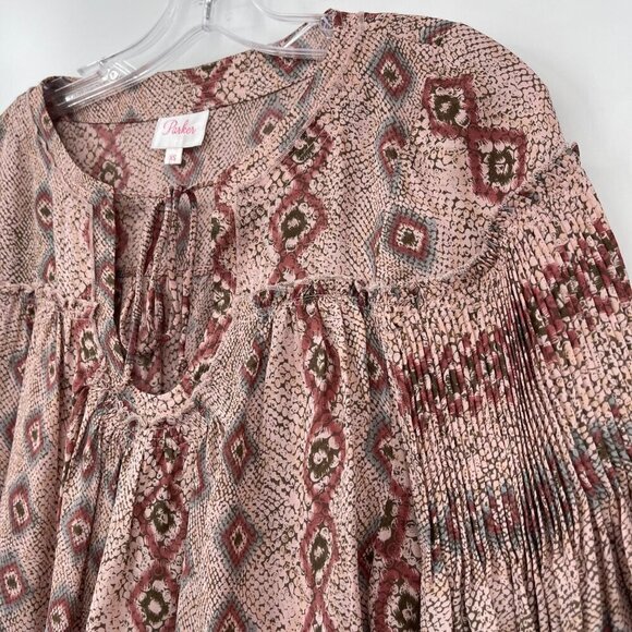 Parker 100% Silk Pleated Balloon Sleeve Peasant Blouse Women's XS Snakeskin - Picture 3 of 10